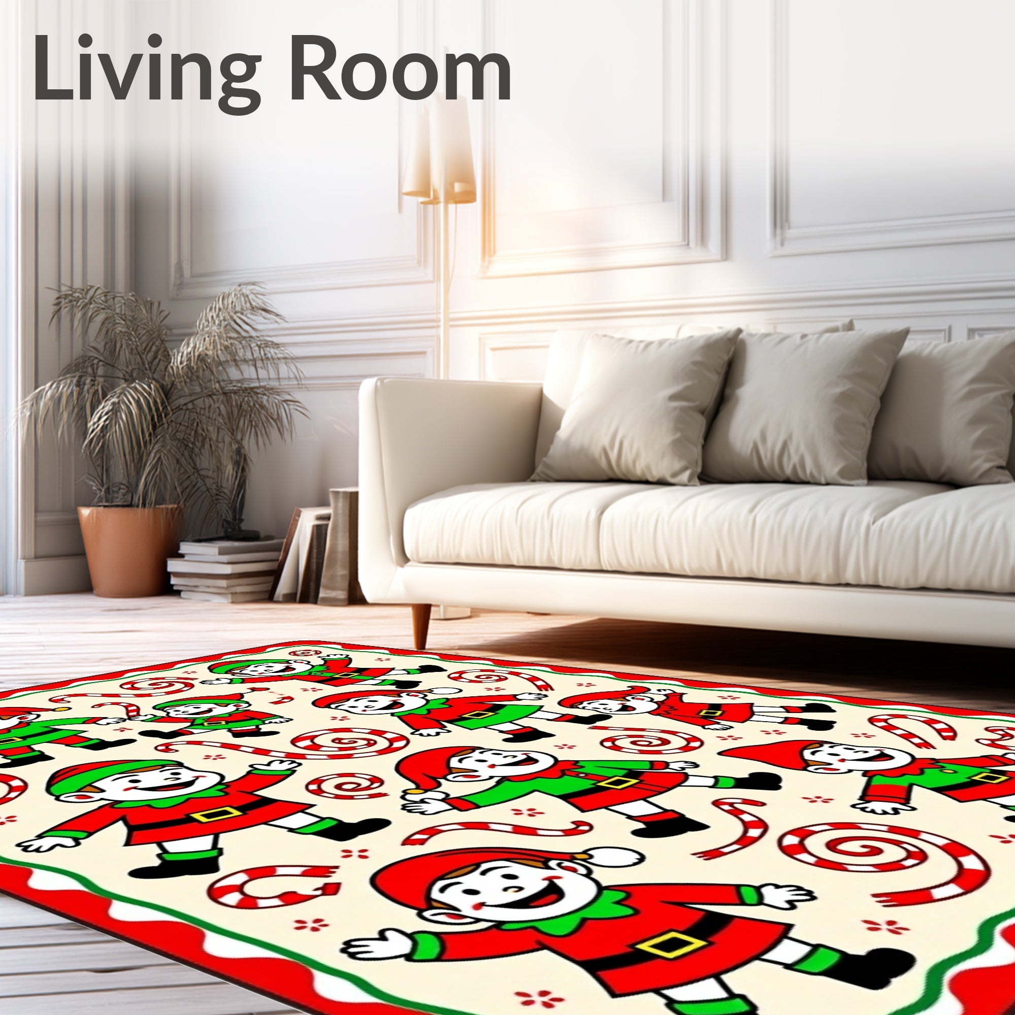 Joyful Christmas Elves Candy Cane Scene Rug
