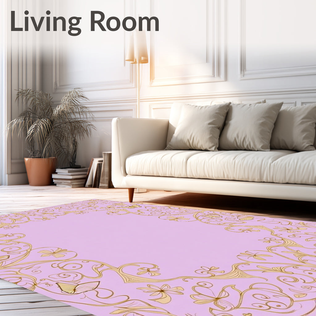 Golden Floral Butterfly Lilac Border Rug