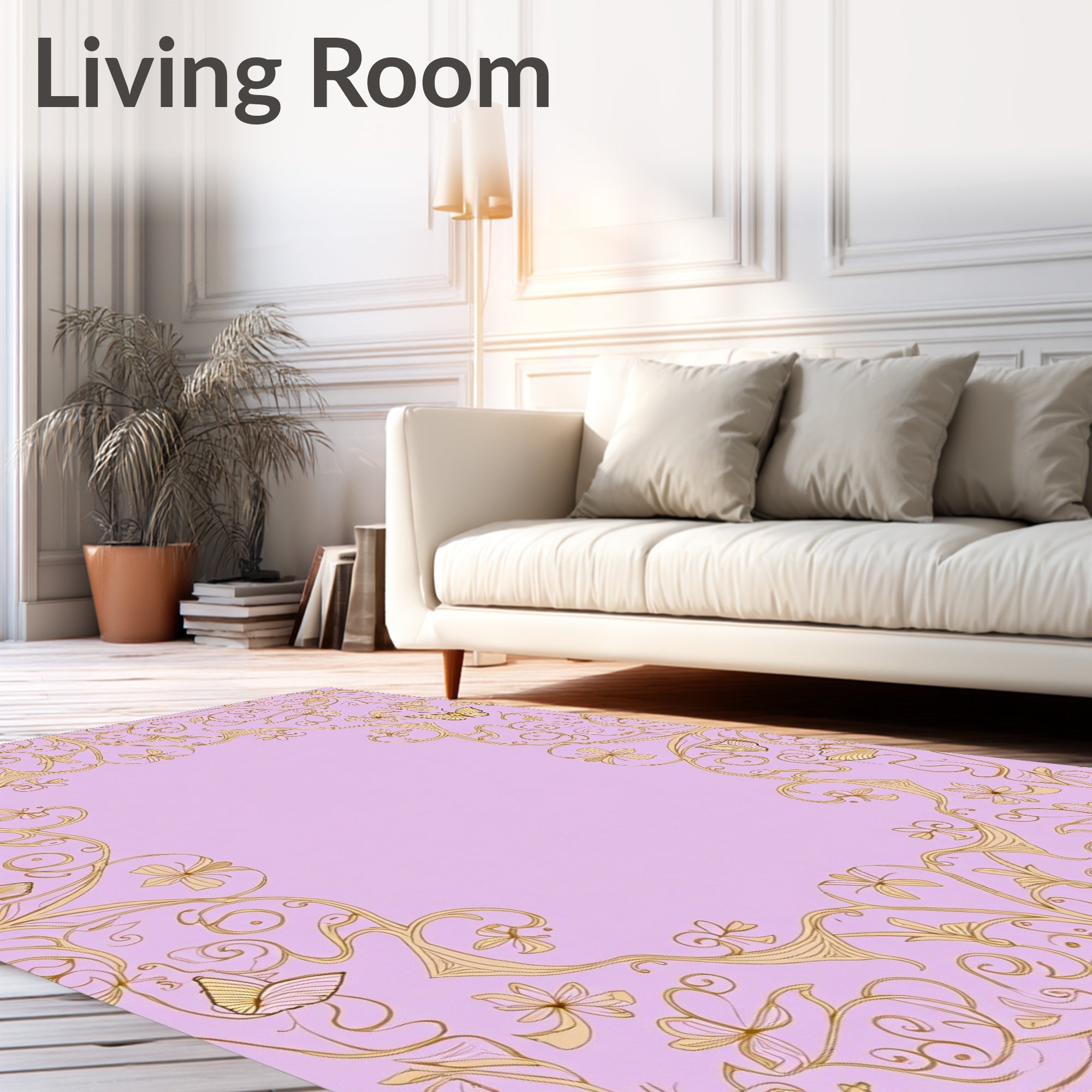 Golden Floral Butterfly Lilac Border Rug