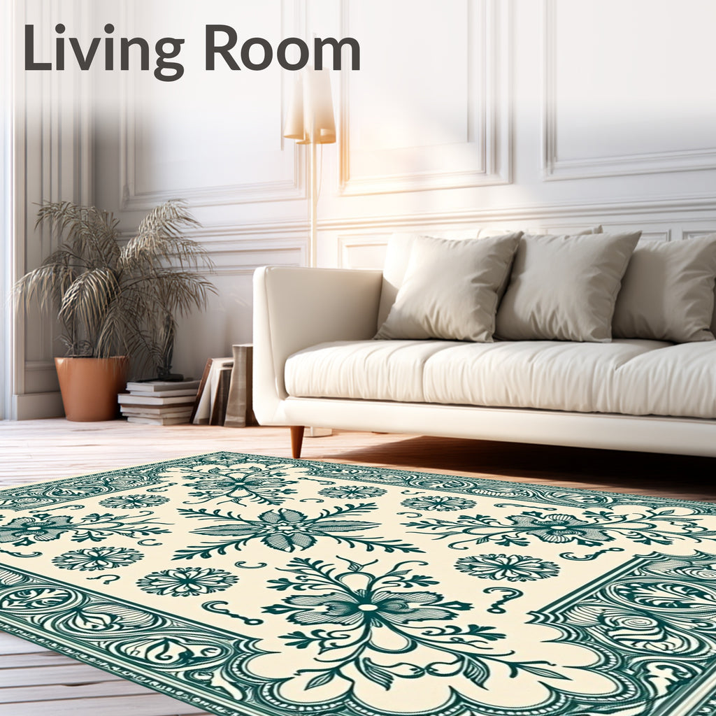 Teal Floral Vine Medallion Border Rug