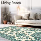 Teal Floral Vine Medallion Border Rug