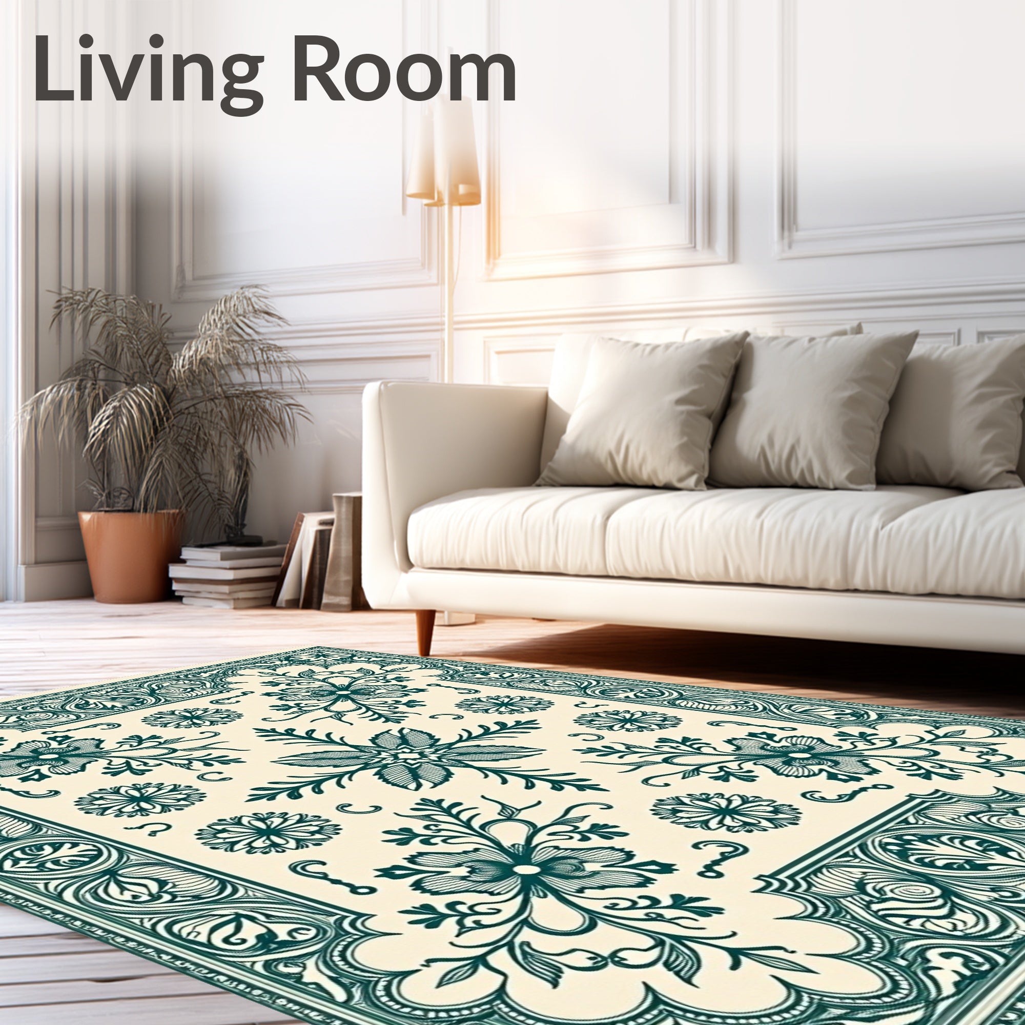 Teal Floral Vine Medallion Border Rug