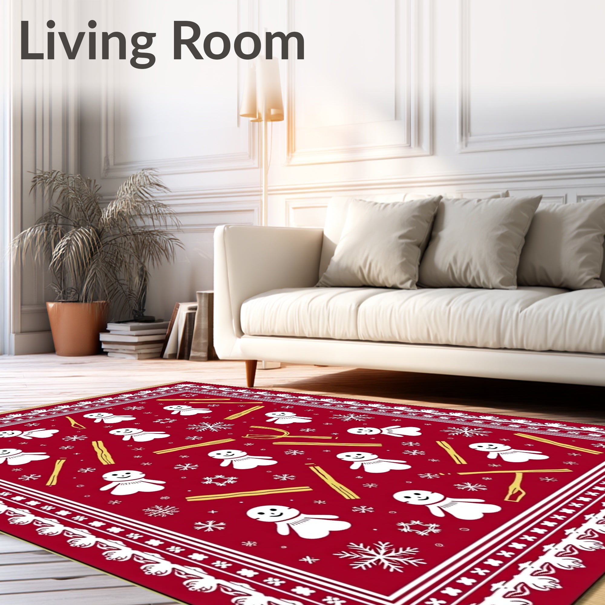 Red Snowman and Snowflakes Folk Art Rug