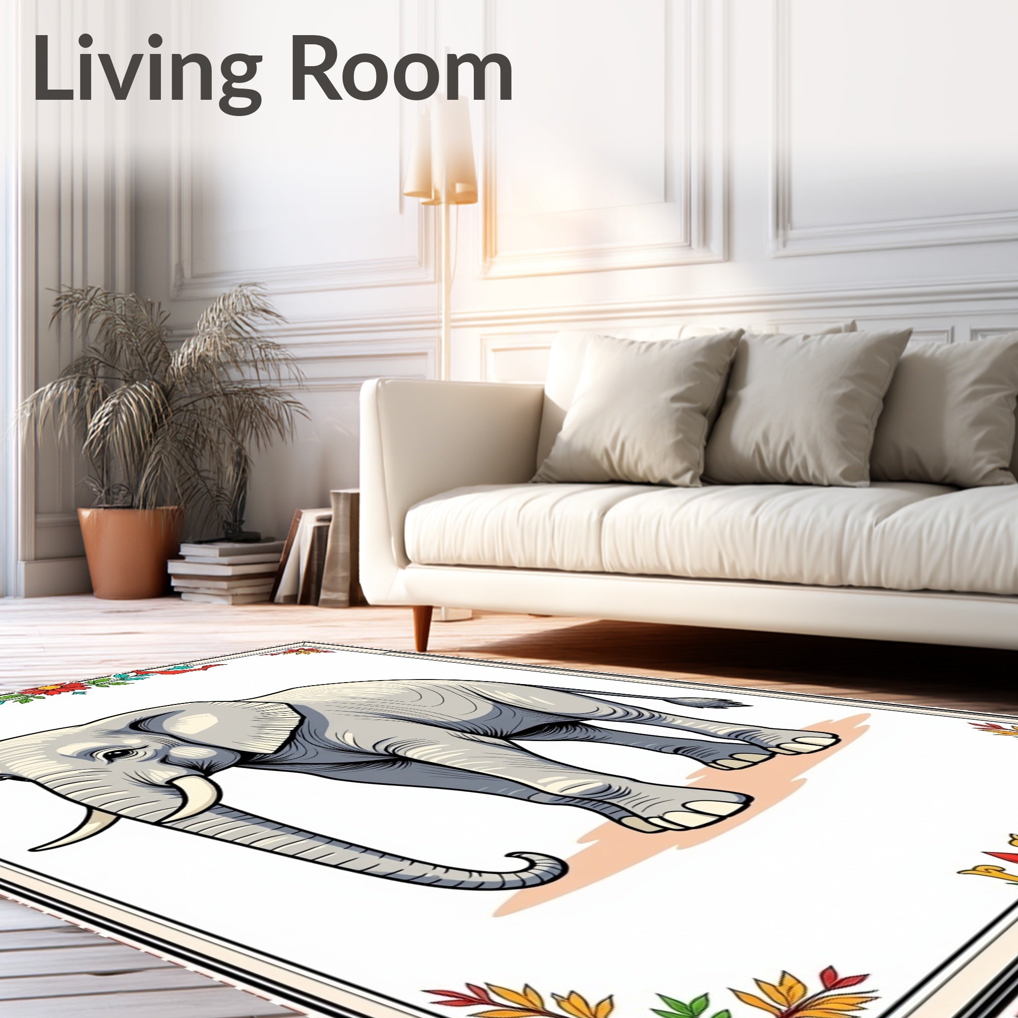 Graceful Elephant In Colorful Floral Border Rug