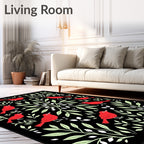 Crimson Birds Whimsical Black Foliage Rug