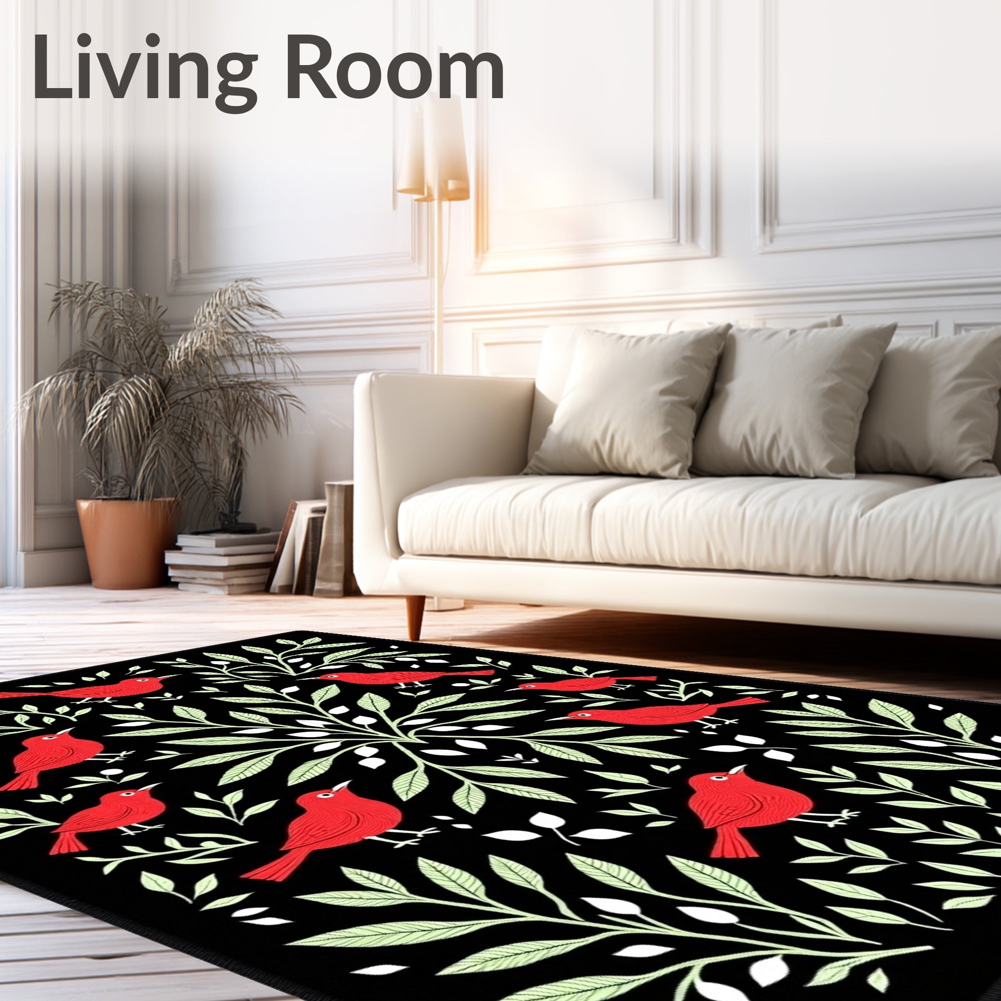 Crimson Birds Whimsical Black Foliage Rug