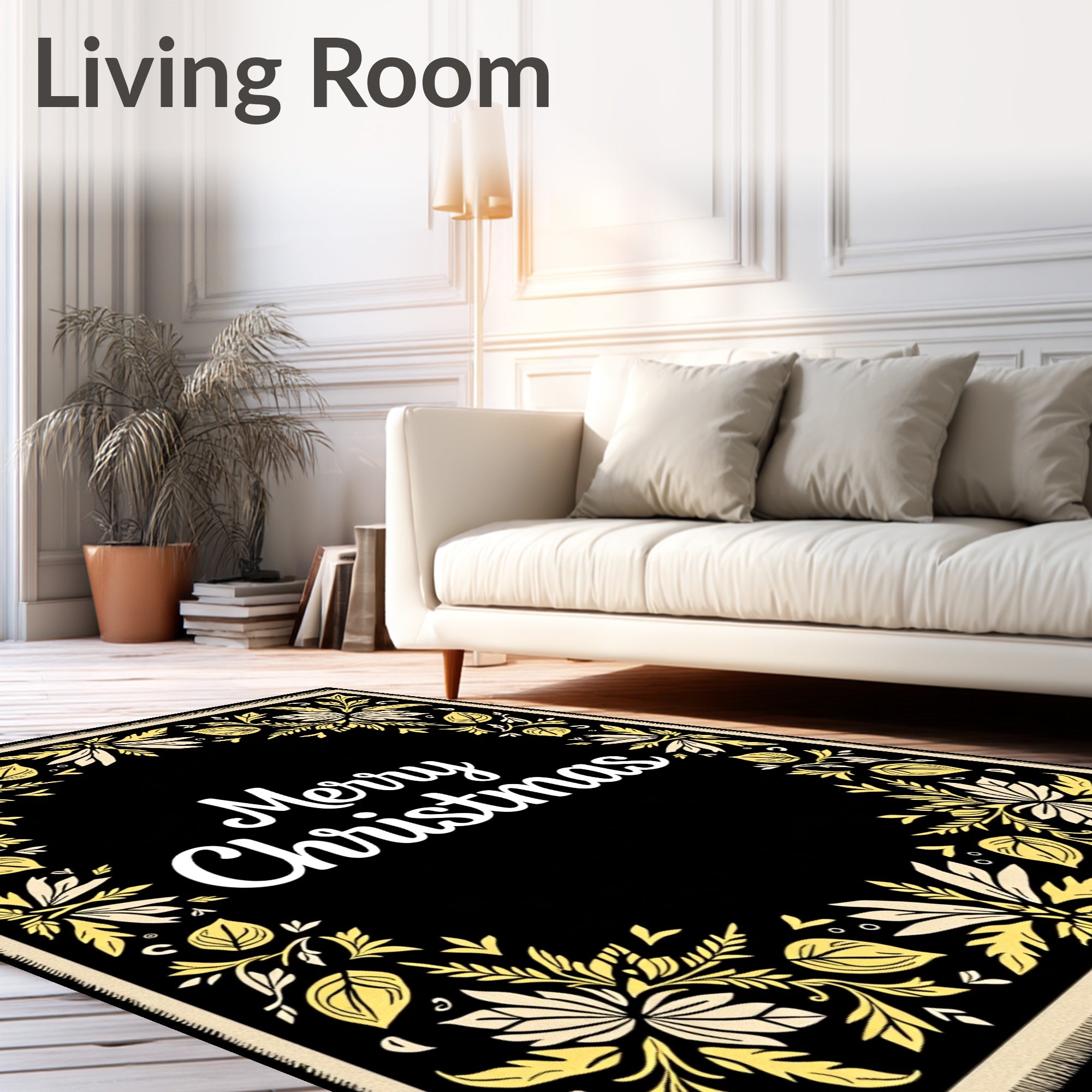 Black Floral Merry Christmas Accent Rug