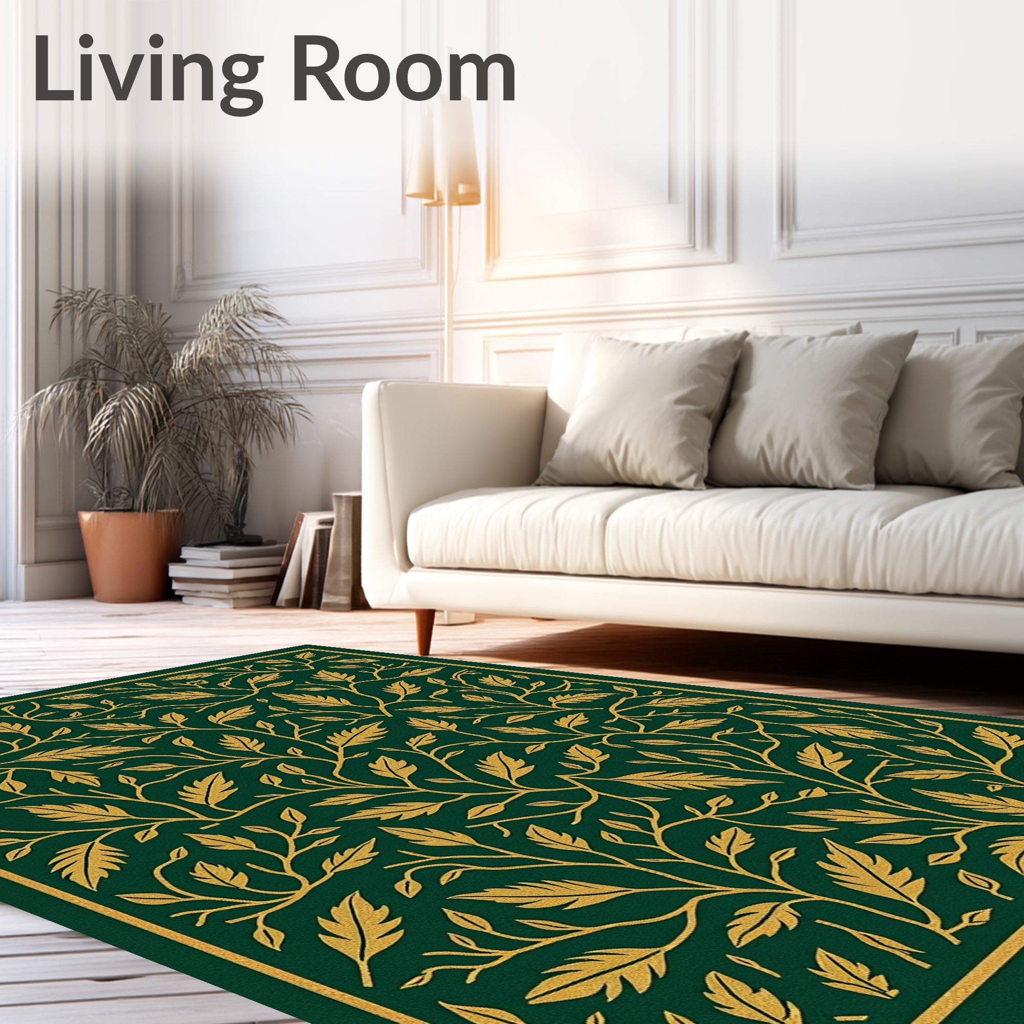 Deep Emerald Gold Leaf Scroll Rug