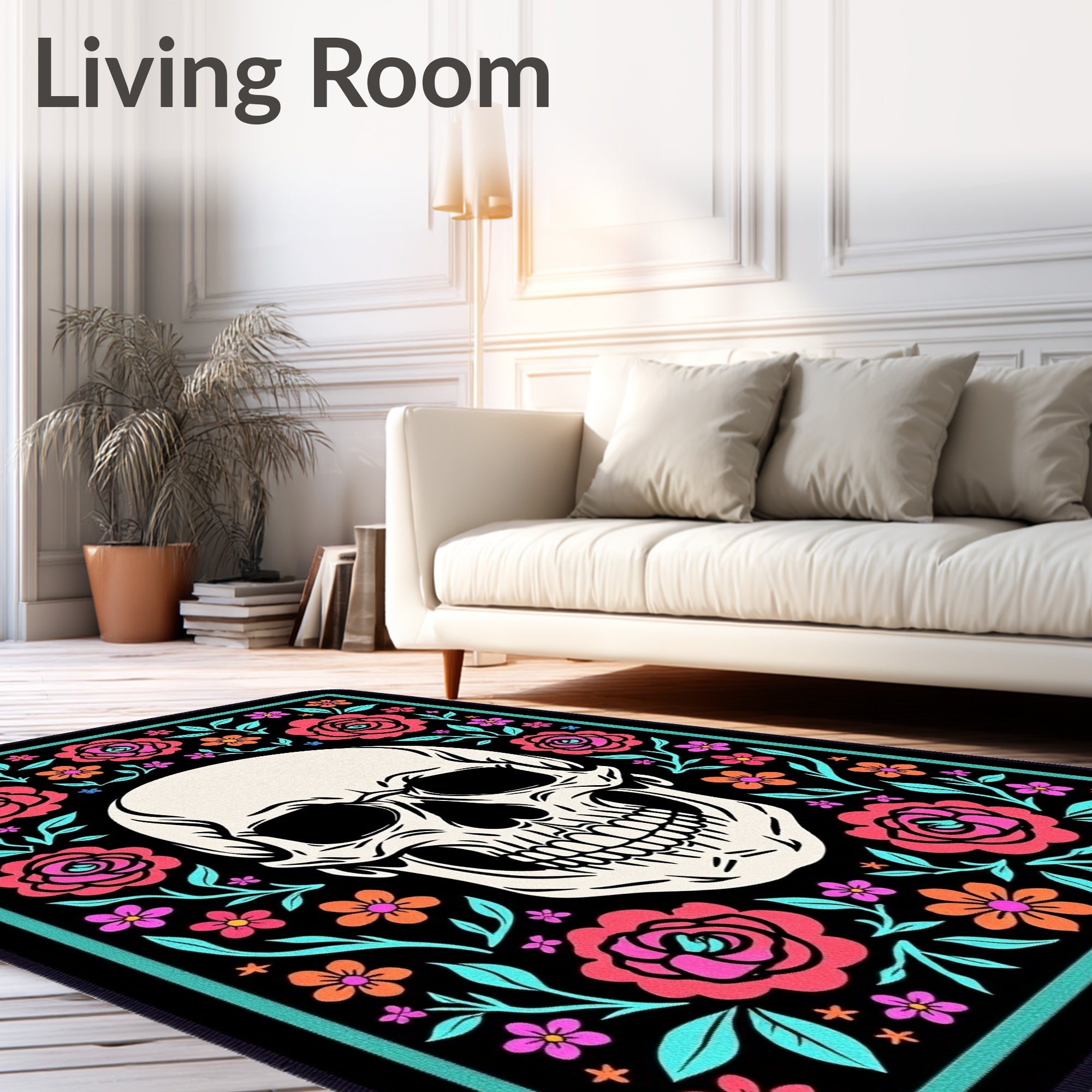 Whimsical Skull Floral Surround Rug