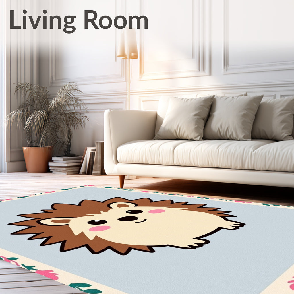 Cute Brown Hedgehog Floral Border Rug