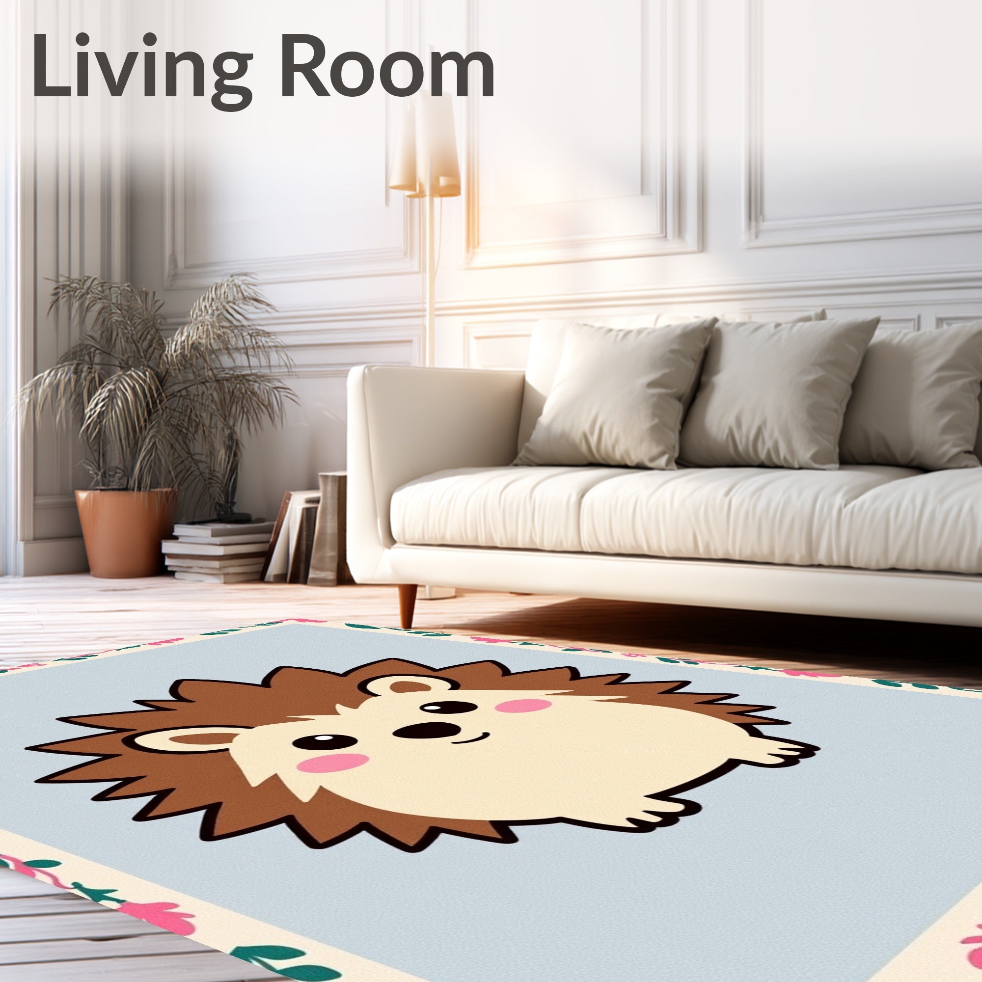 Cute Brown Hedgehog Floral Border Rug