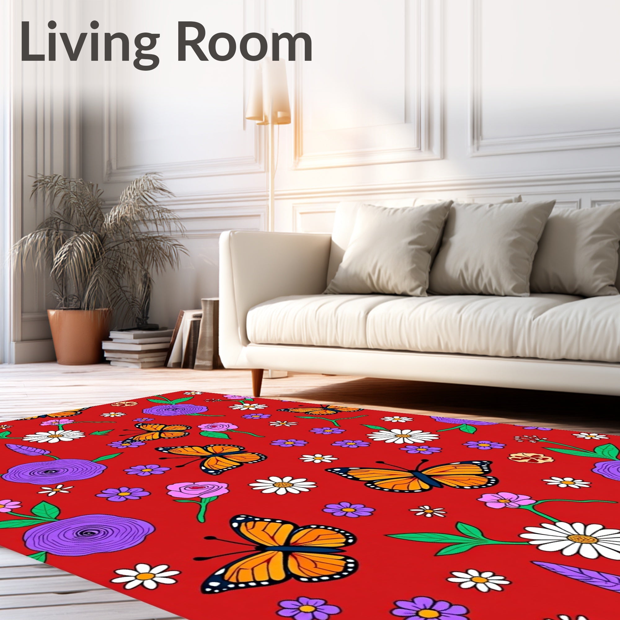Vibrant Orange Butterfly Floral Bloom Rug