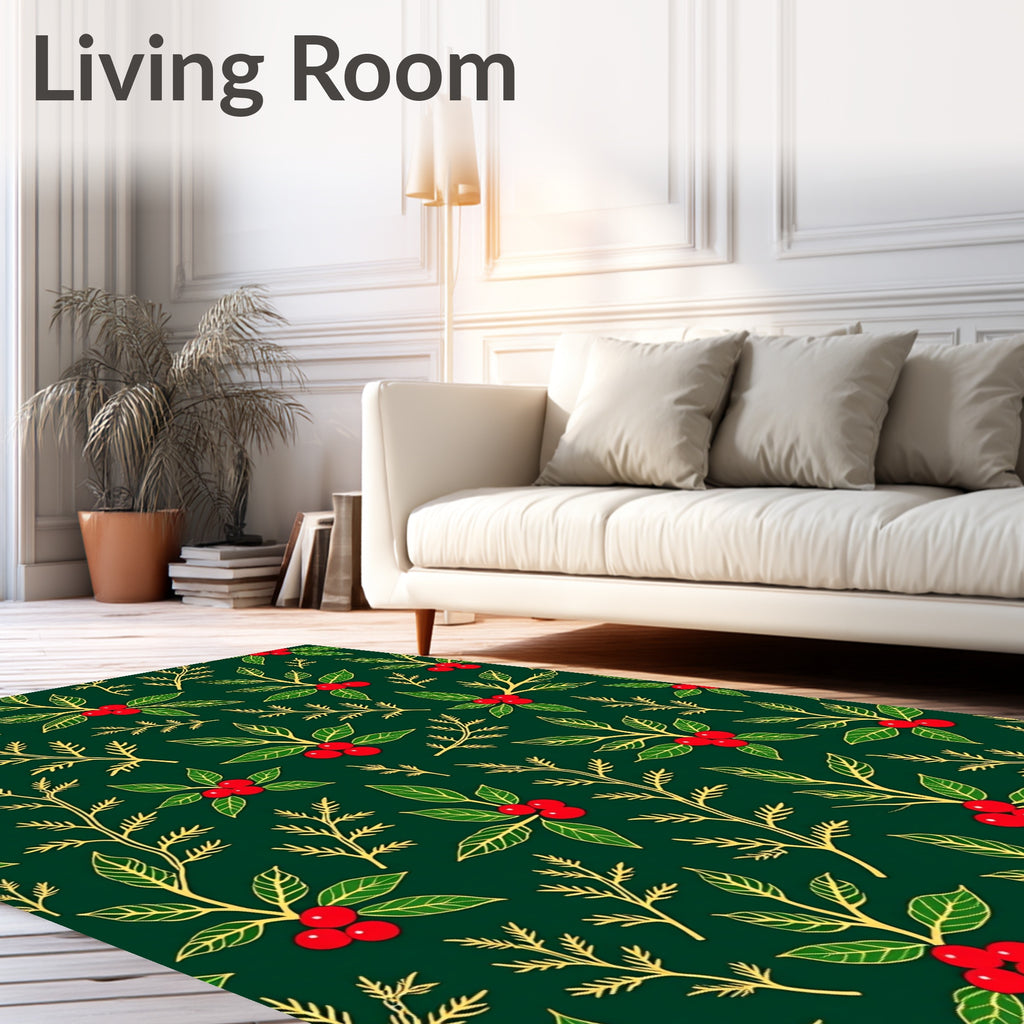 Emerald Green Holly Berry Branches Rug
