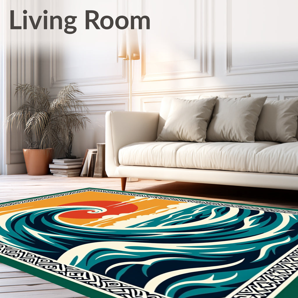 Crimson Sun Swirling Ocean Wave Rug