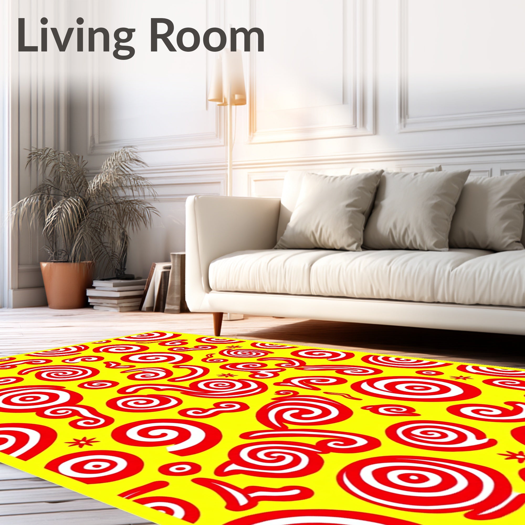 Vibrant Red Swirls Yellow Background Rug