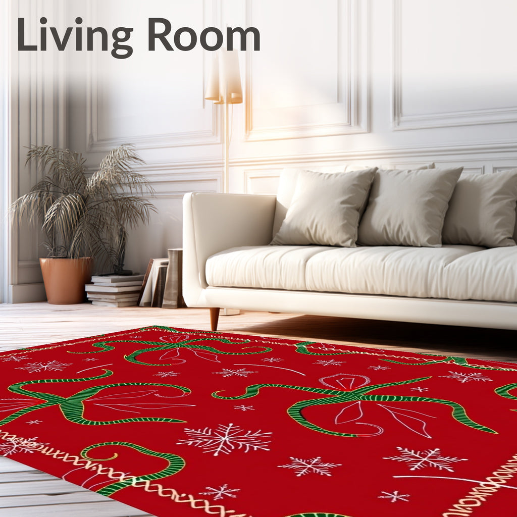Red Green Floral Snowflakes Border Rug