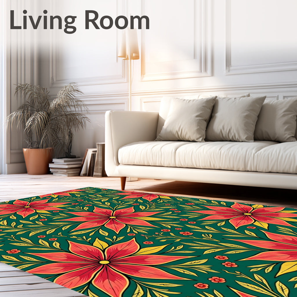 Bold Red Floral Garden Leafy Rug