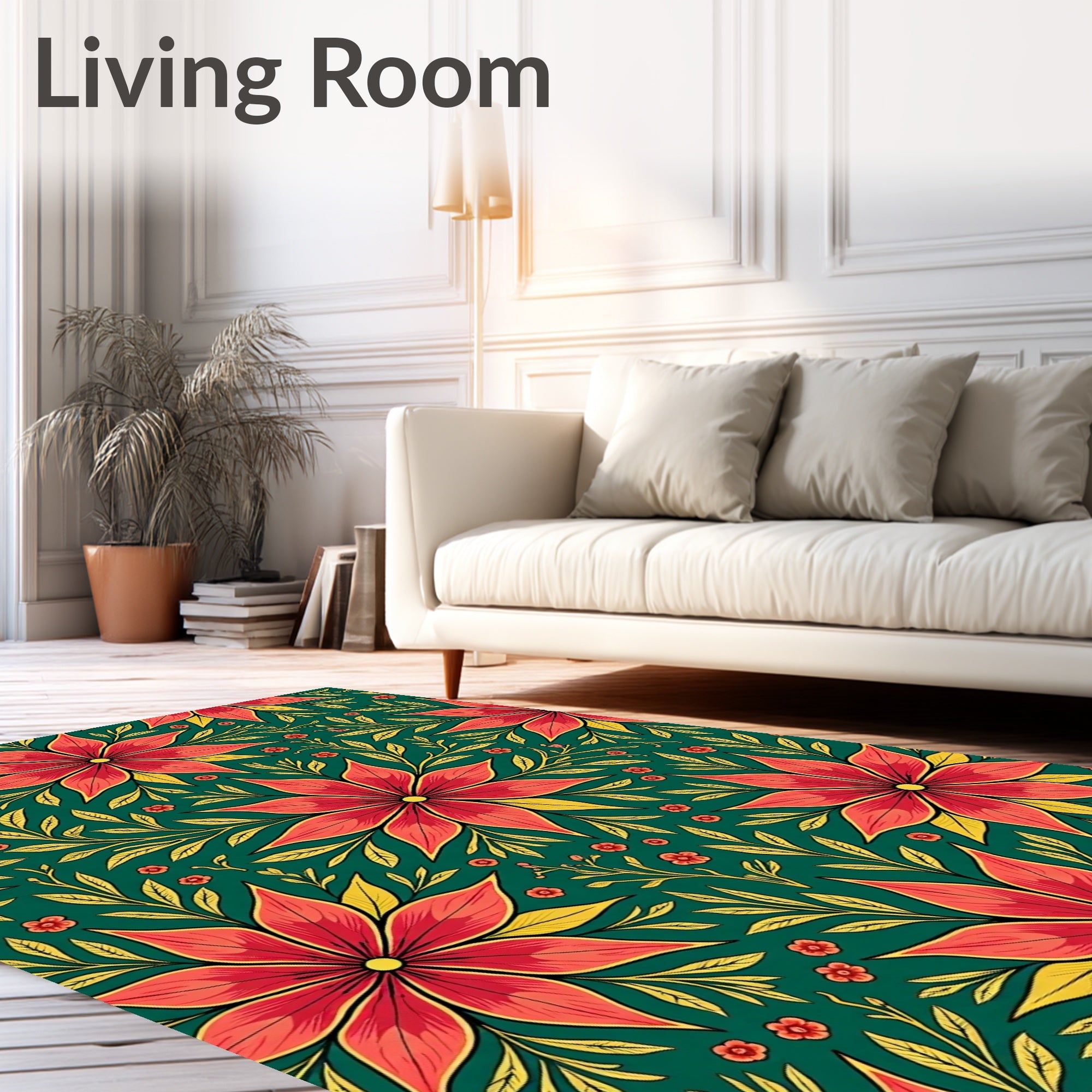 Bold Red Floral Garden Leafy Rug