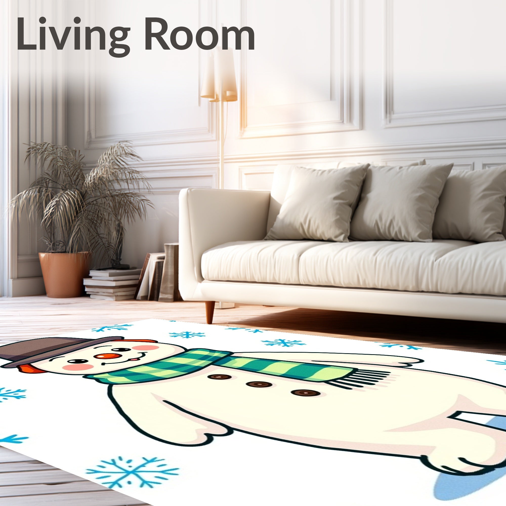 Winter Snowman Green Plaid Scarf Snowflakes Rug