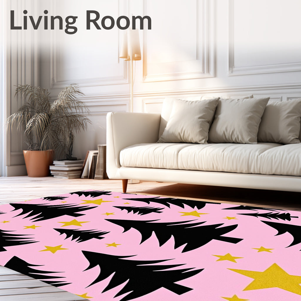 Black Tree Pink Star Christmas Rug
