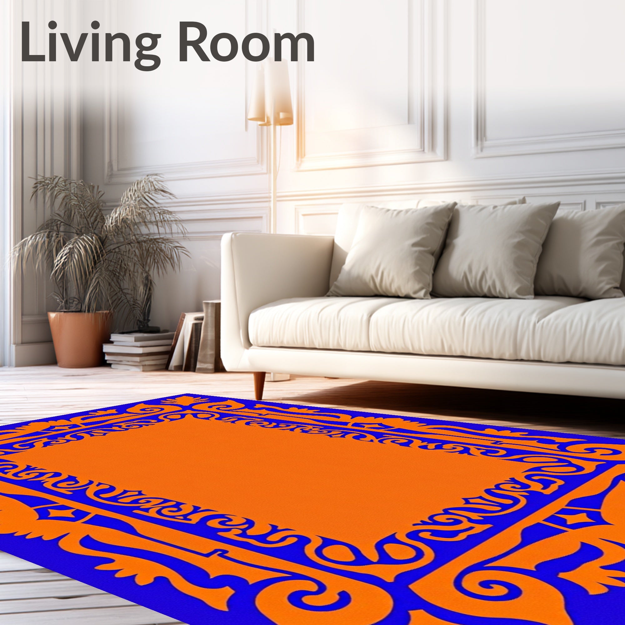 Vibrant Orange Blue Ornate Frame Rug