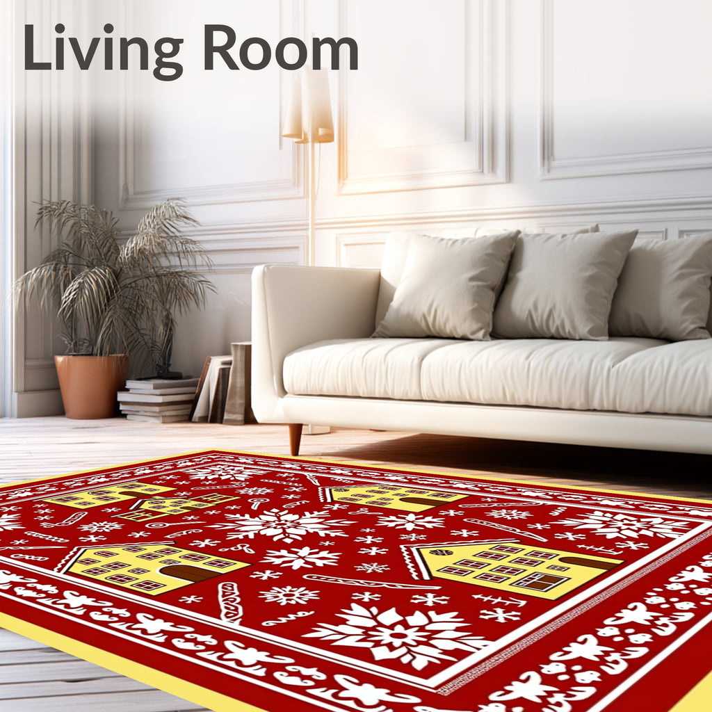 Festive Yellow Houses Snowflake Red Field Rug