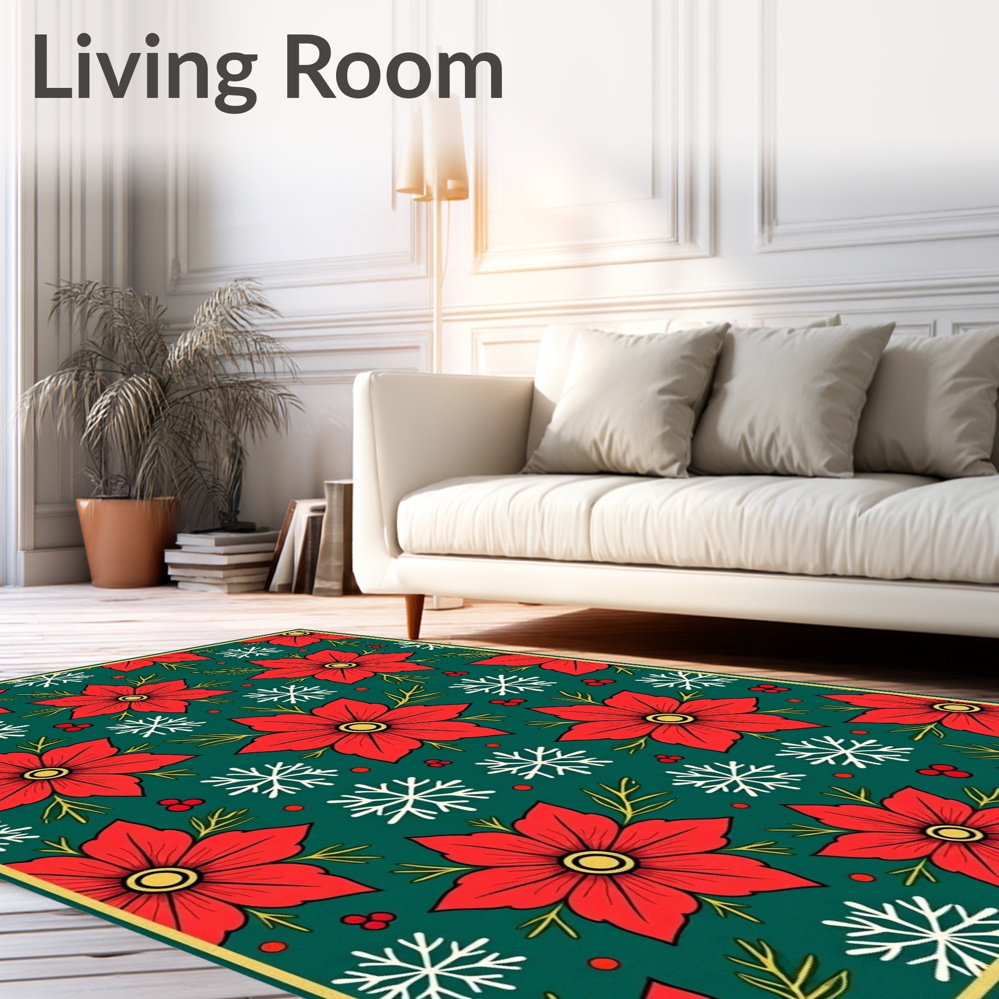 Festive Red Poinsettia Snowflakes Rug