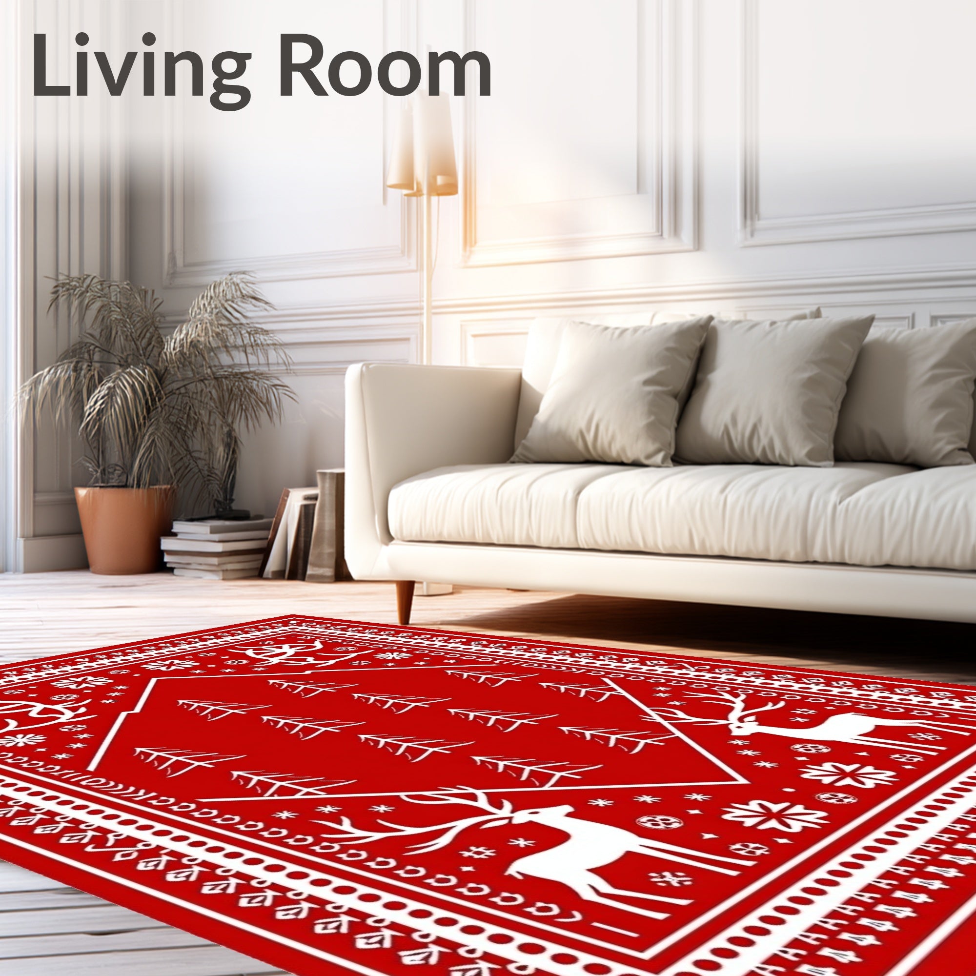 Red White Christmas Deer Tree Frame Rug