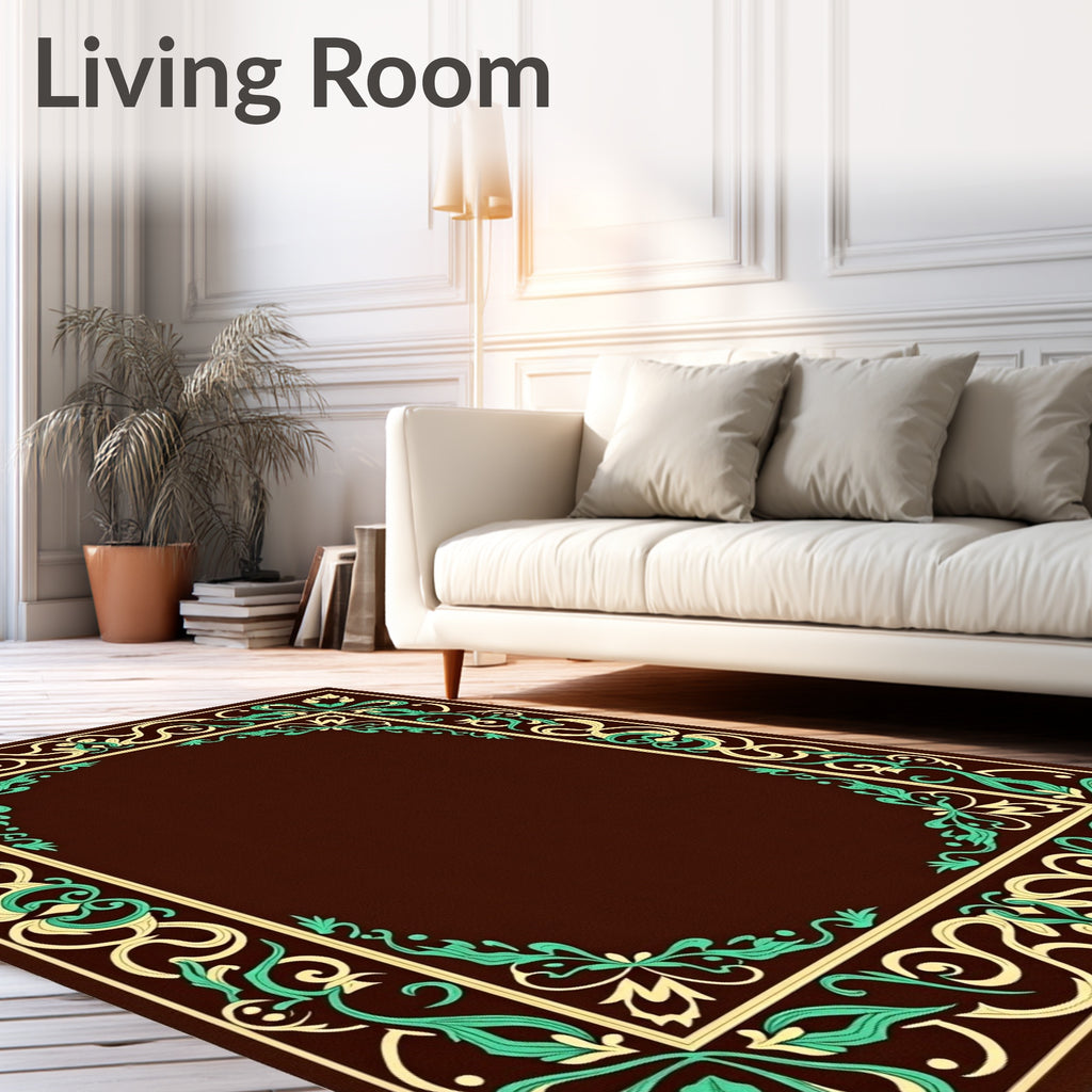 Rich Brown Floral Scroll Frame Rug