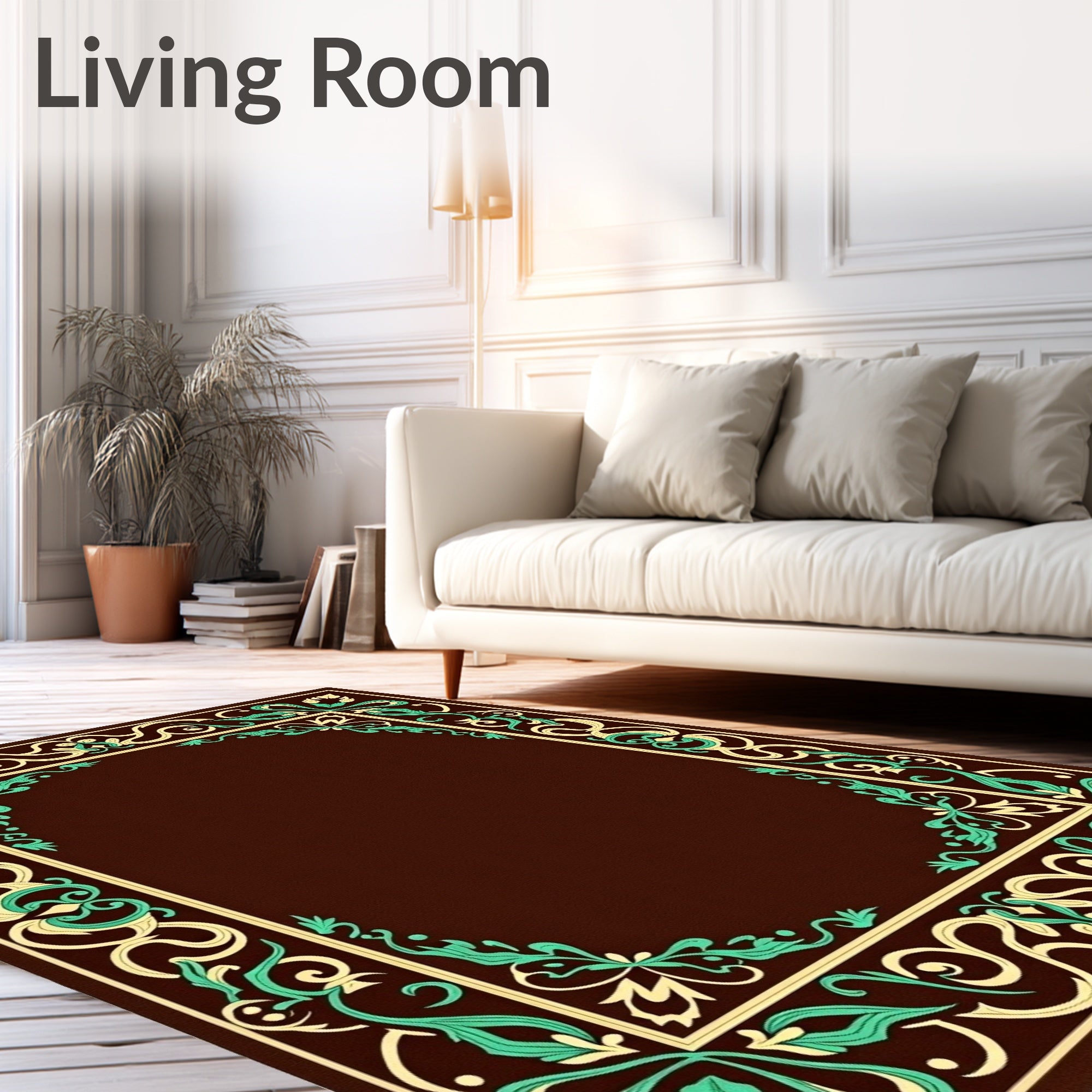 Rich Brown Floral Scroll Frame Rug