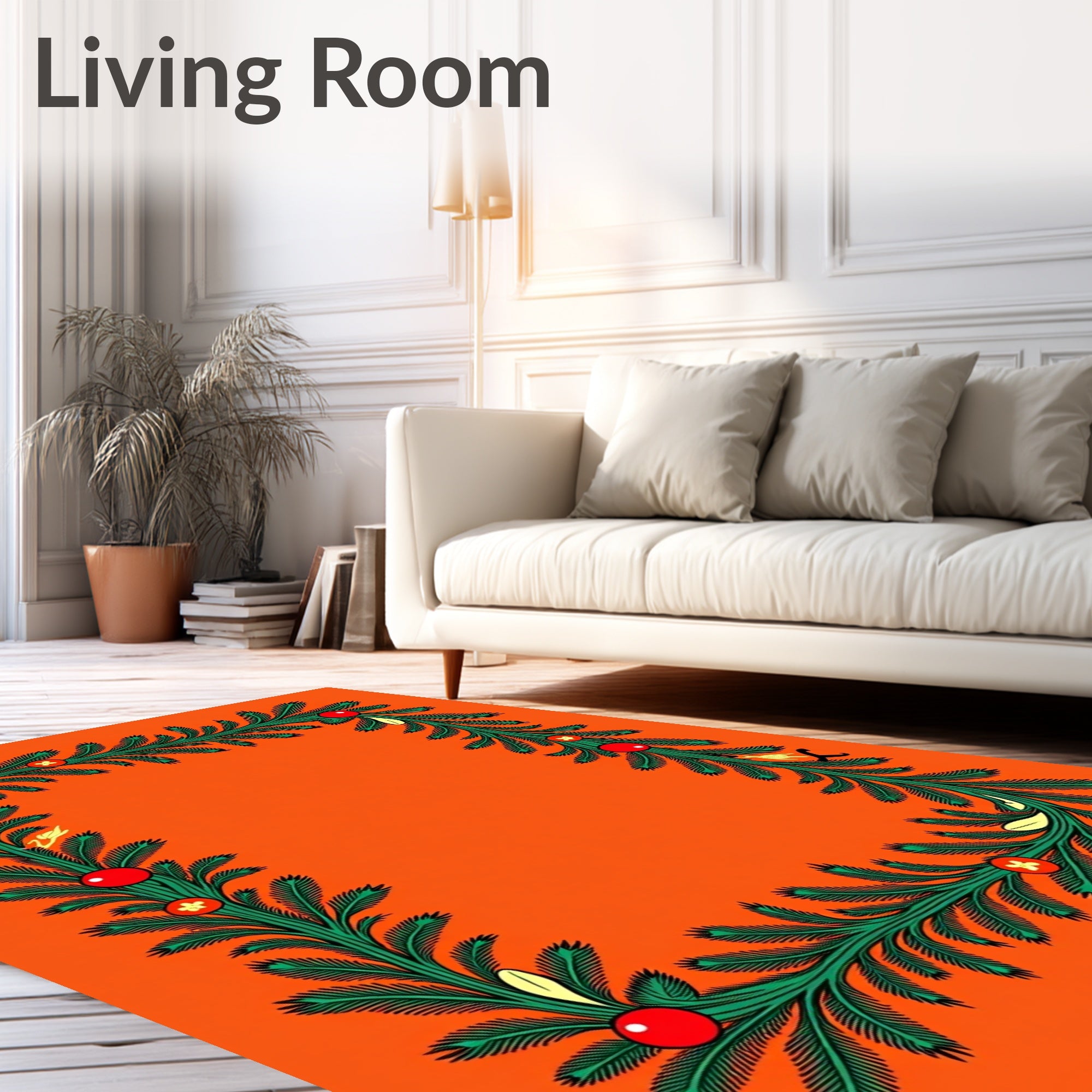 Festive Green Pine Garland Red Ornaments Rug