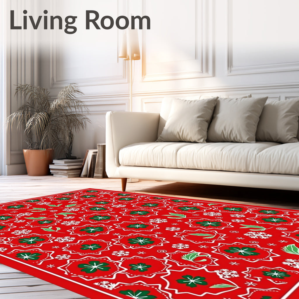 Festive Red Green Floral Snowflakes Rug