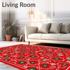 Festive Red Green Floral Snowflakes Rug