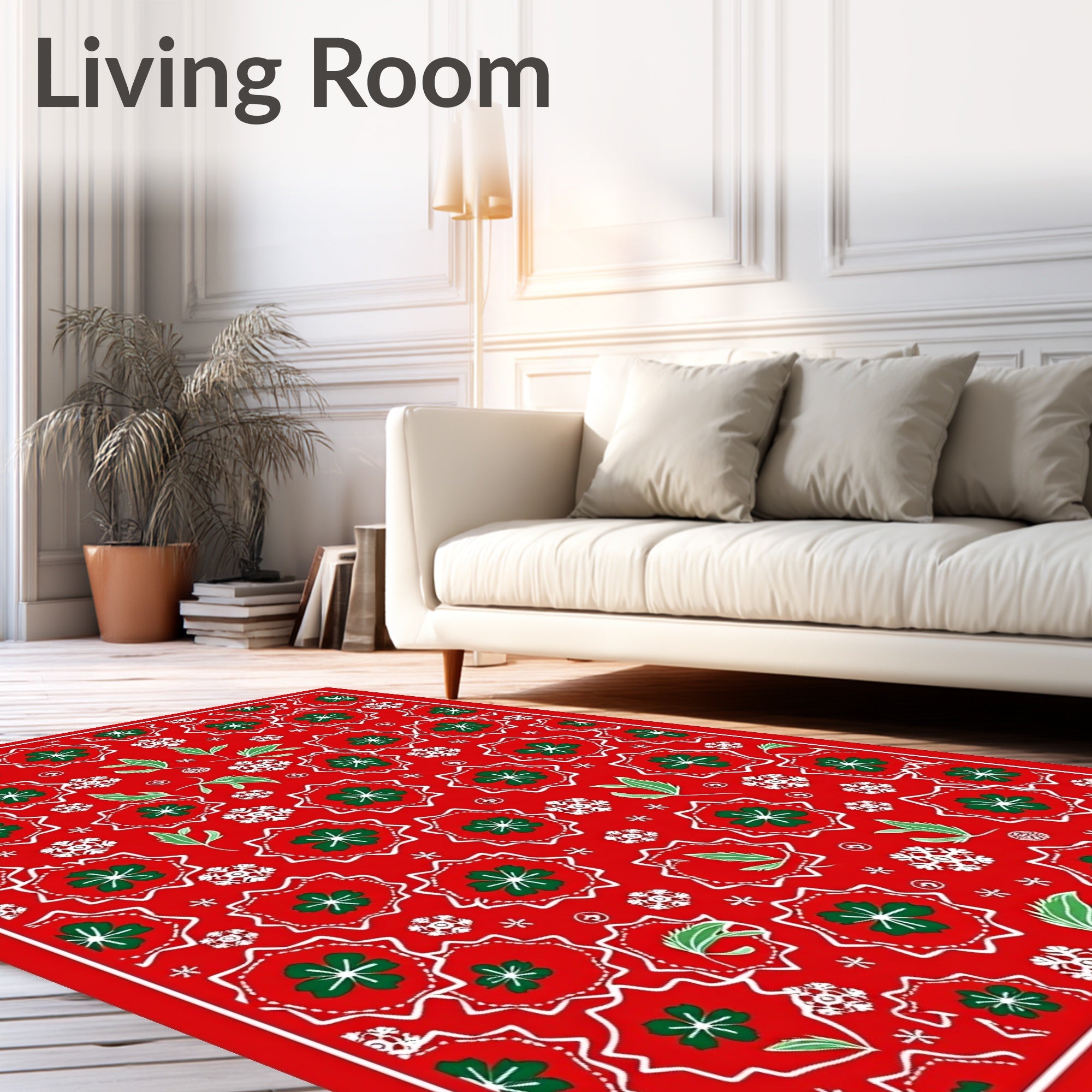 Festive Red Green Floral Snowflakes Rug