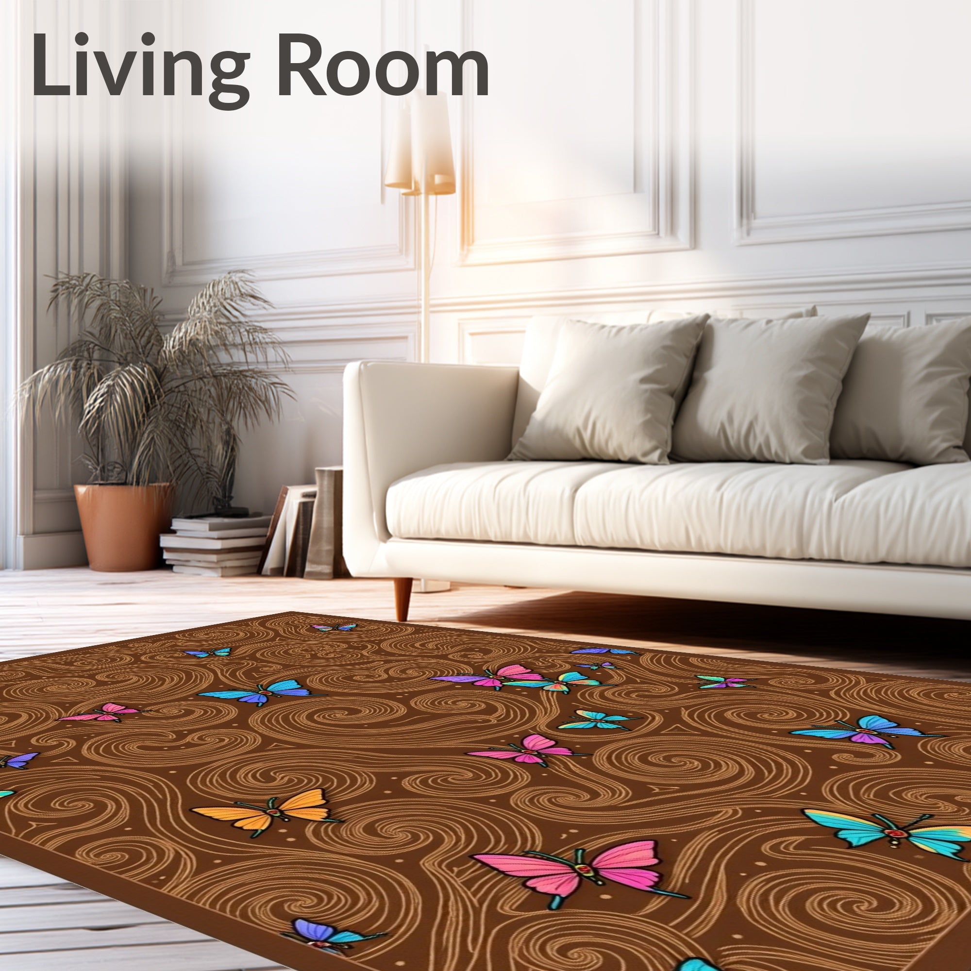 Colorful Butterfly Swirls Brown Rug