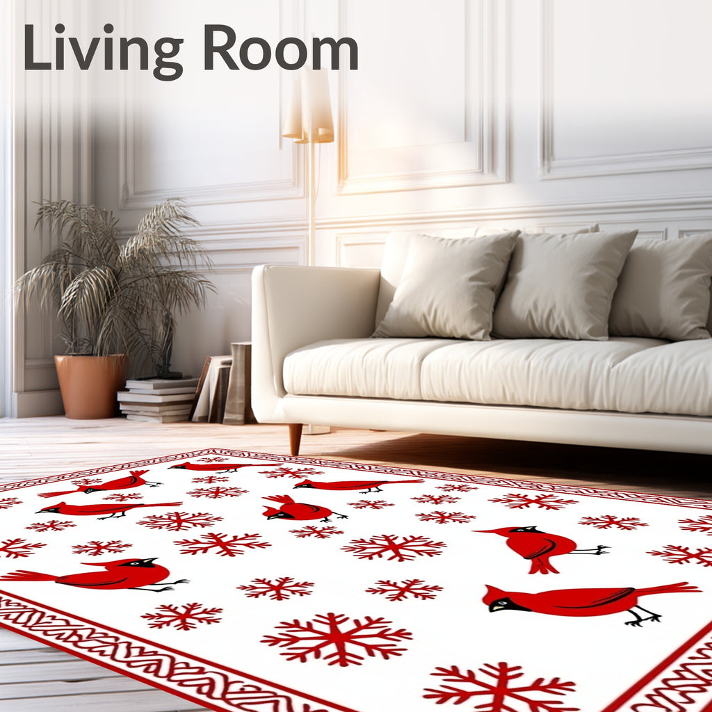 Red Cardinal Snowflake Winter Scene Rug