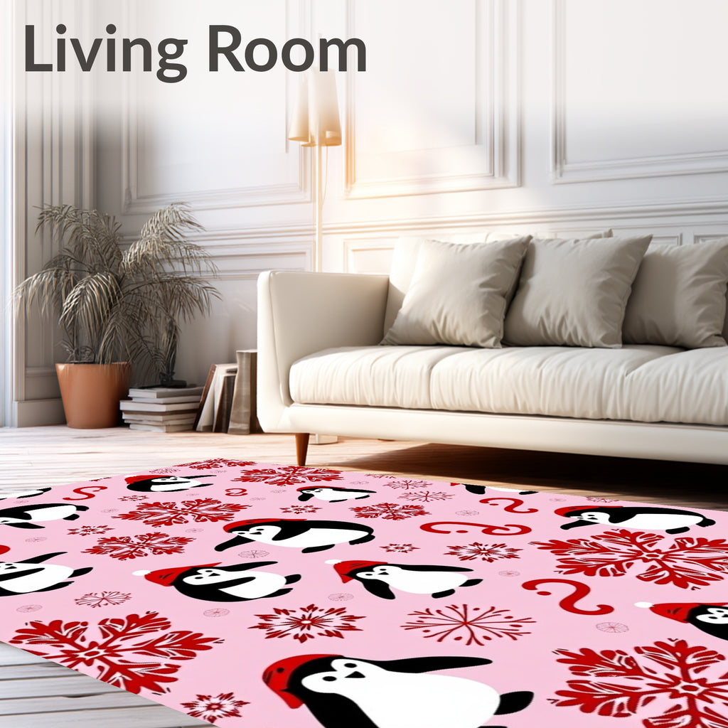 Red Penguins with Snowflakes Pink Rug