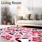 Red Penguins with Snowflakes Pink Rug