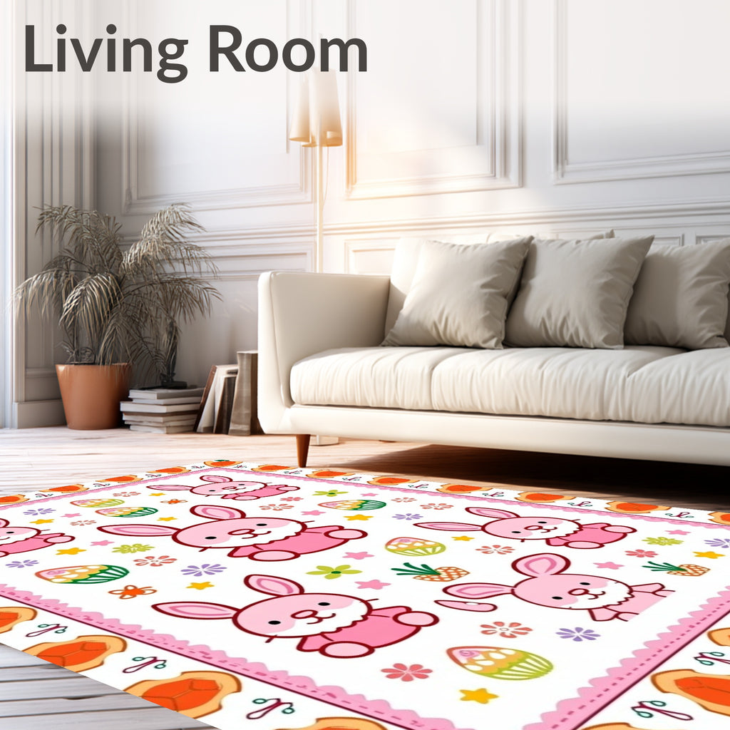 Pink Bunnies and Pastel Eggs Whimsical Rug