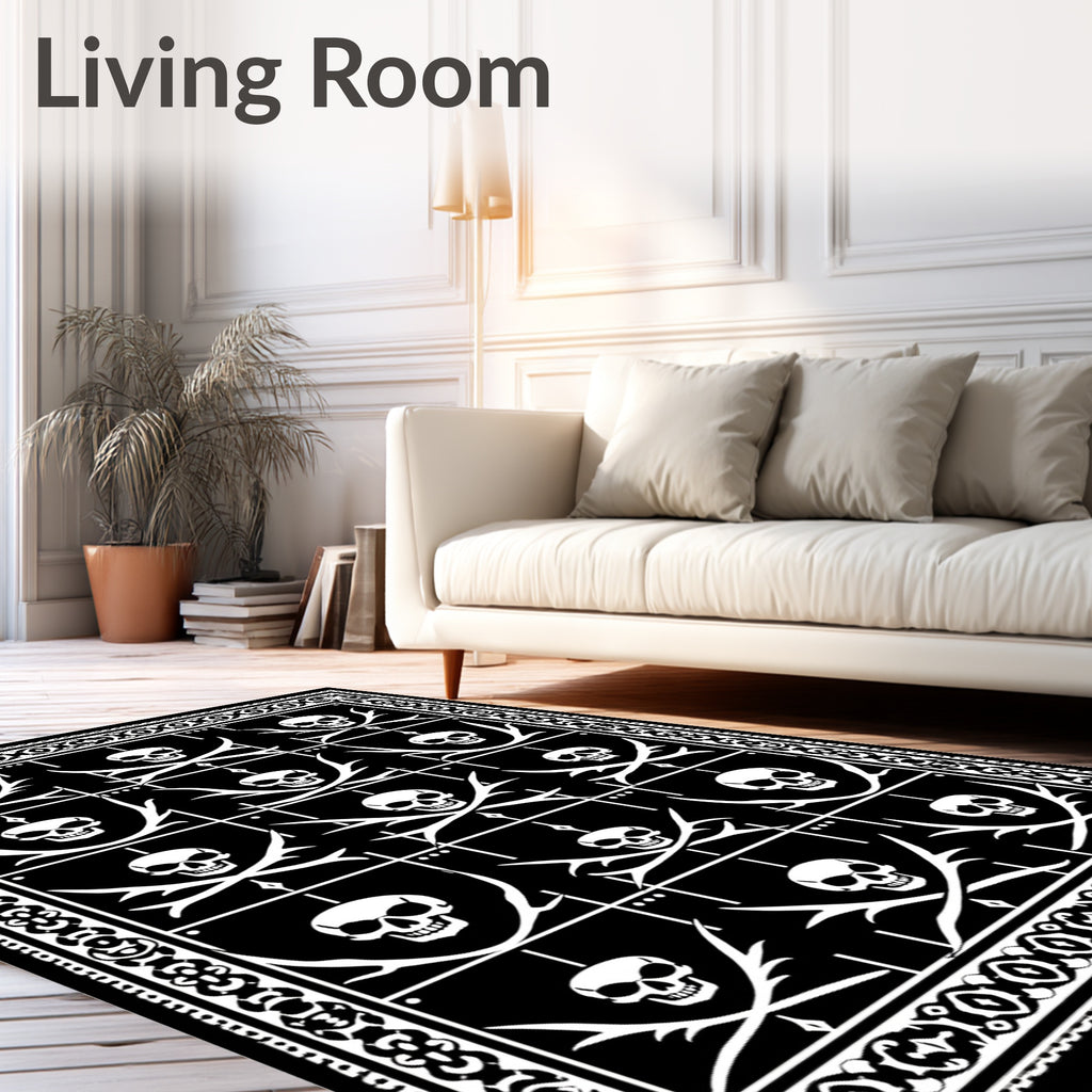 Black White Skull Crossbone Border Rug
