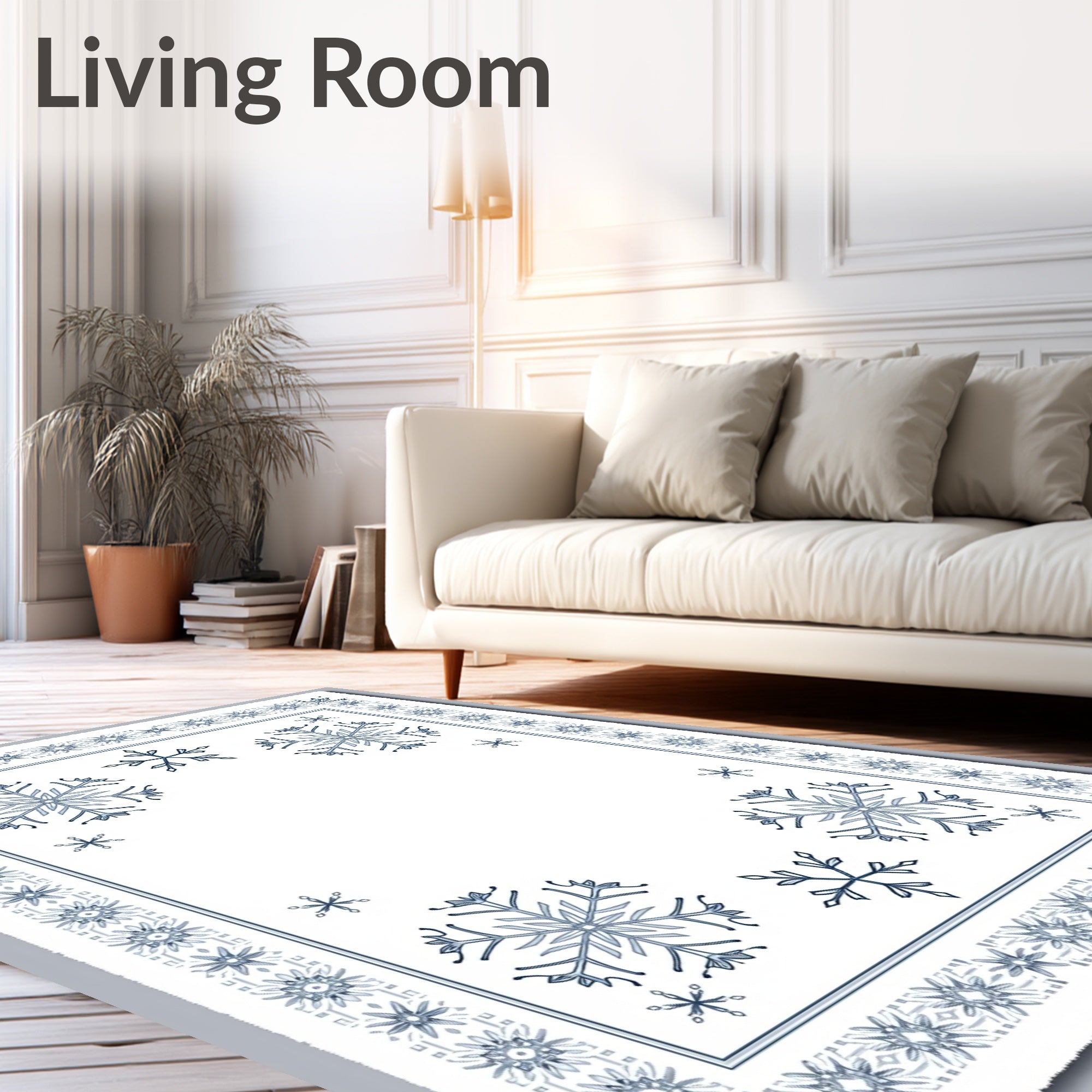 Winter Snowflake Border Blue White Rug