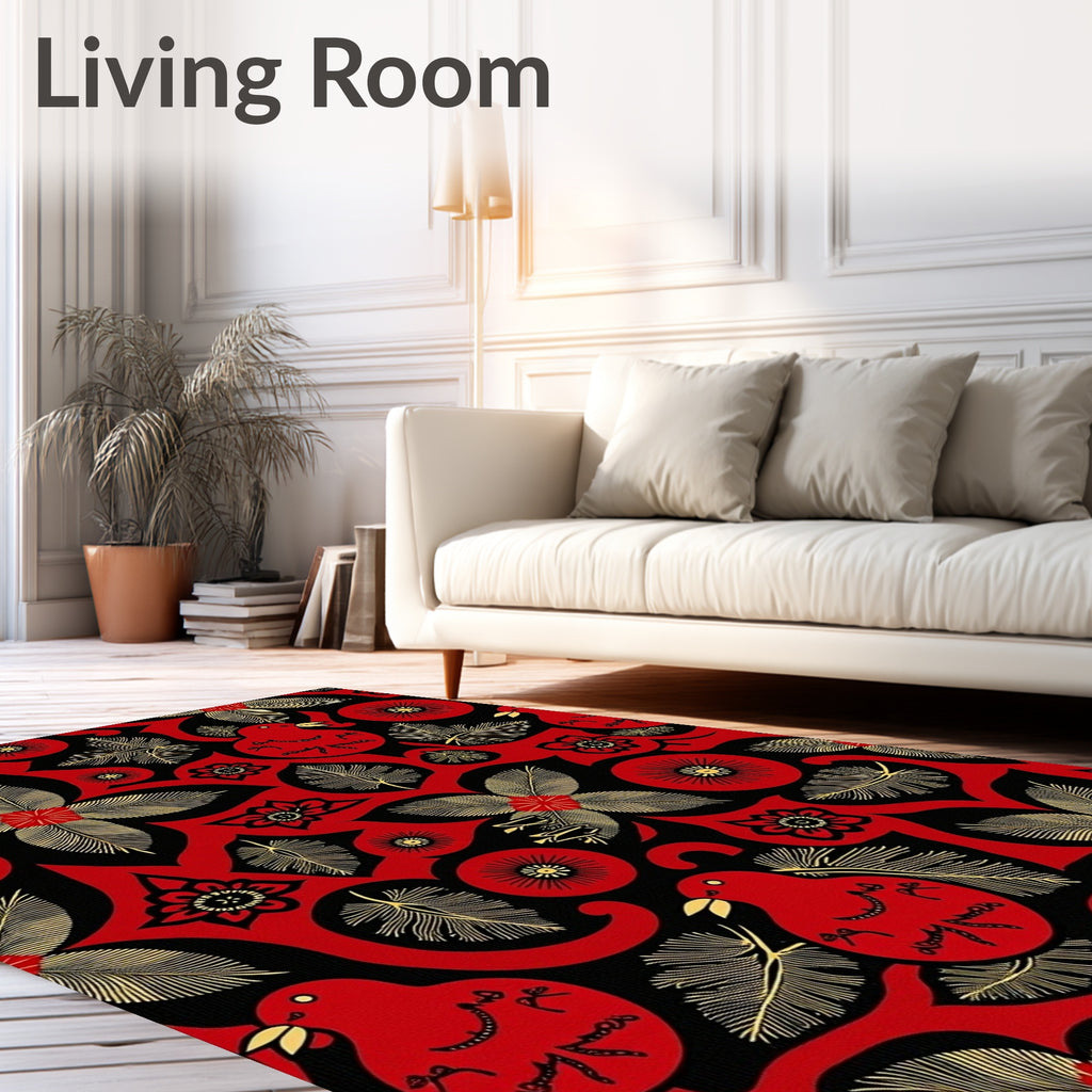 Red Black Golden Bird Floral Rug
