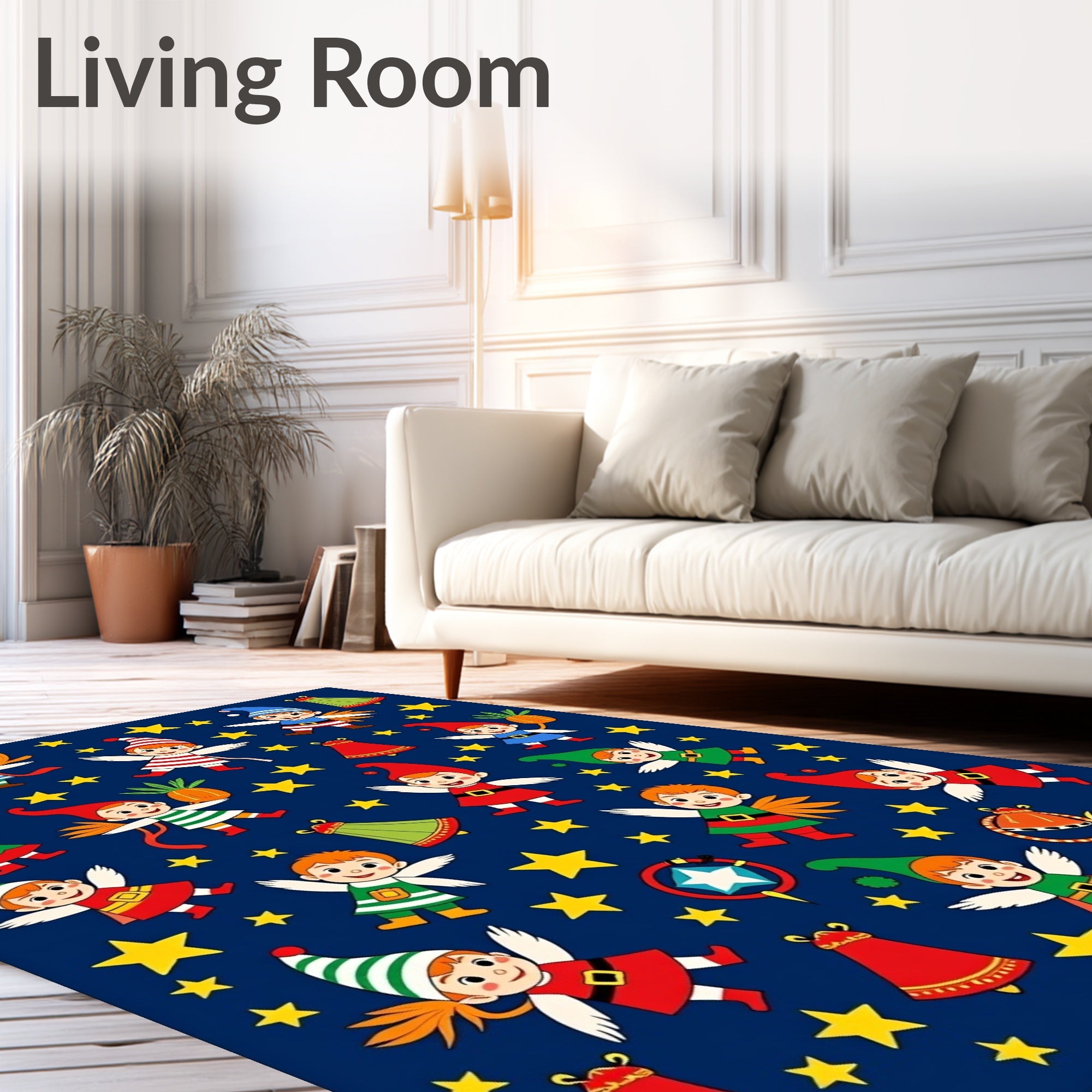 Whimsical Elves And Stars Navy Rug