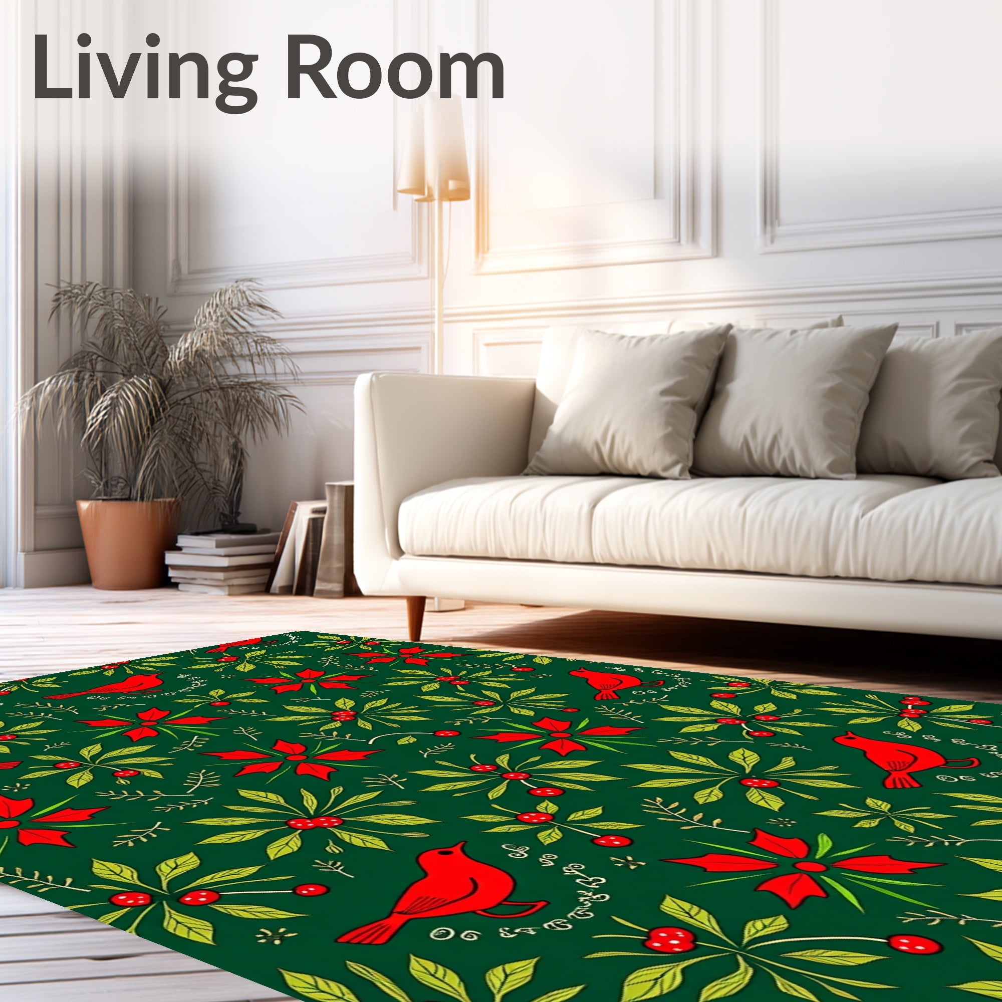 Red Birds Green Holly Poinsettia Rug