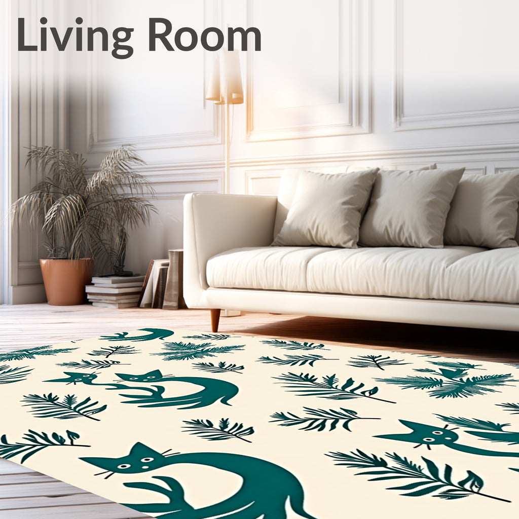 Teal Whimsical Cats Tropical Ferns Rug