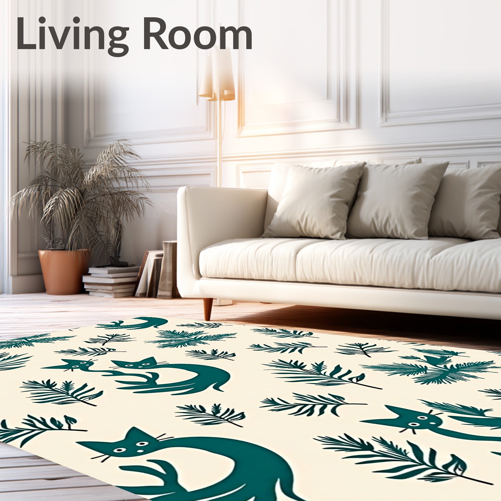 Teal Whimsical Cats Tropical Ferns Rug