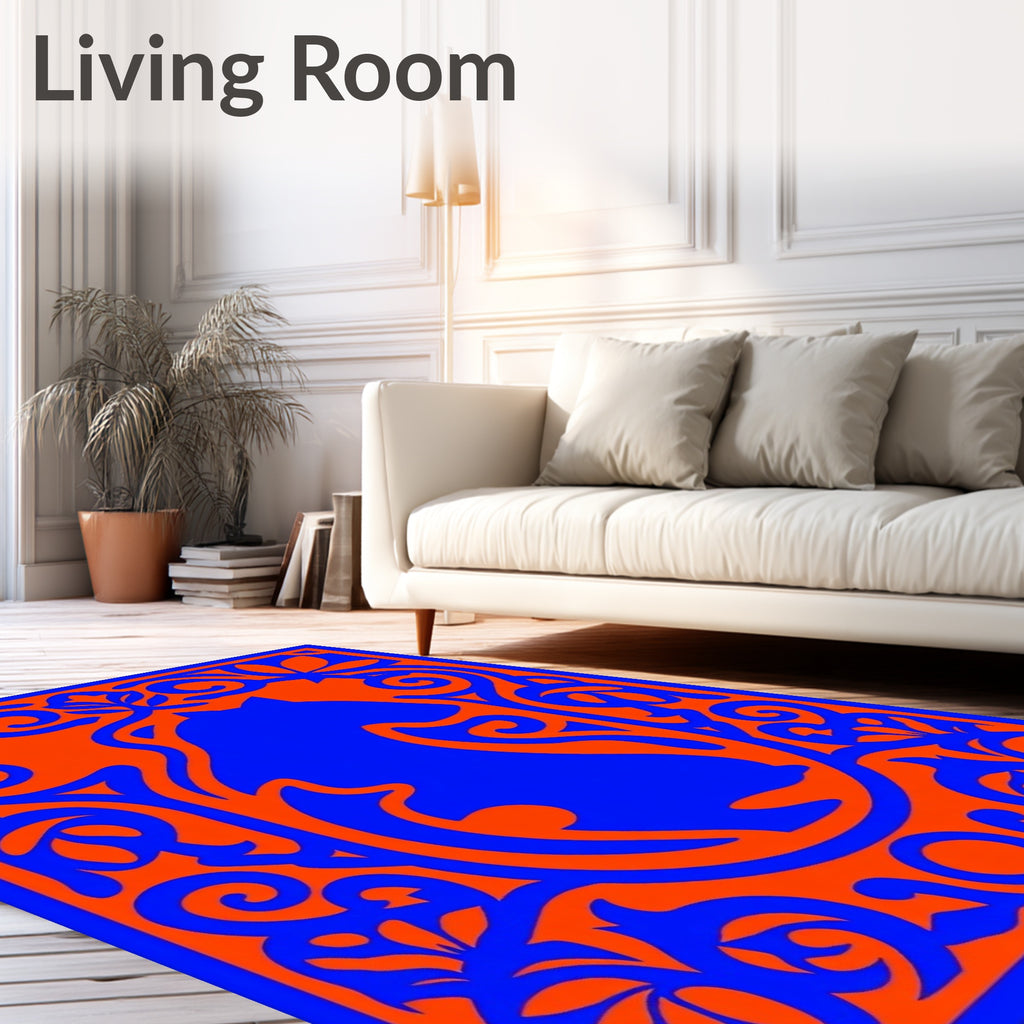 Vibrant Blue Horse Orange Floral Border Rug