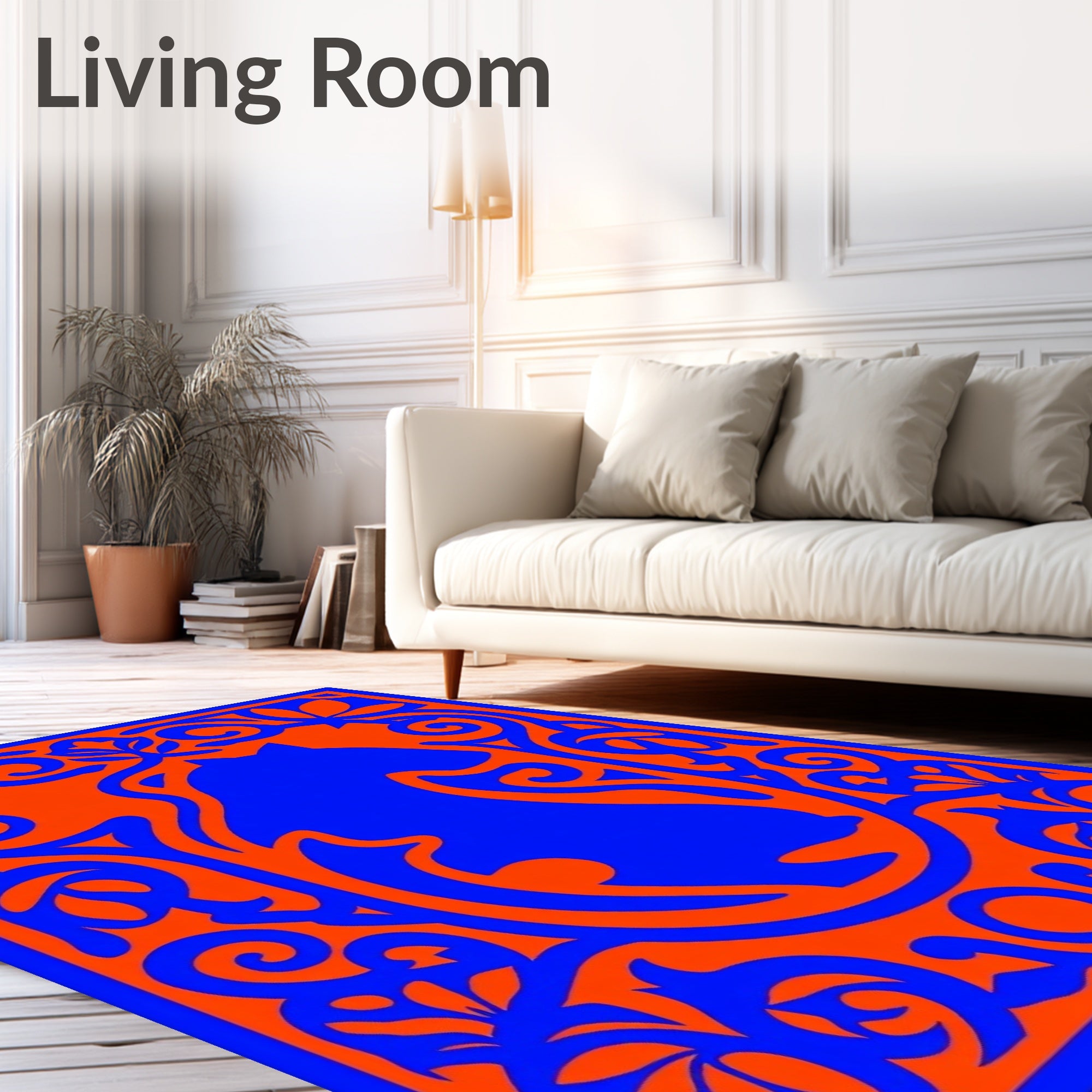 Vibrant Blue Horse Orange Floral Border Rug