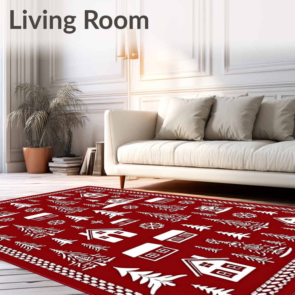 Cozy Red Winter Village Christmas Rug