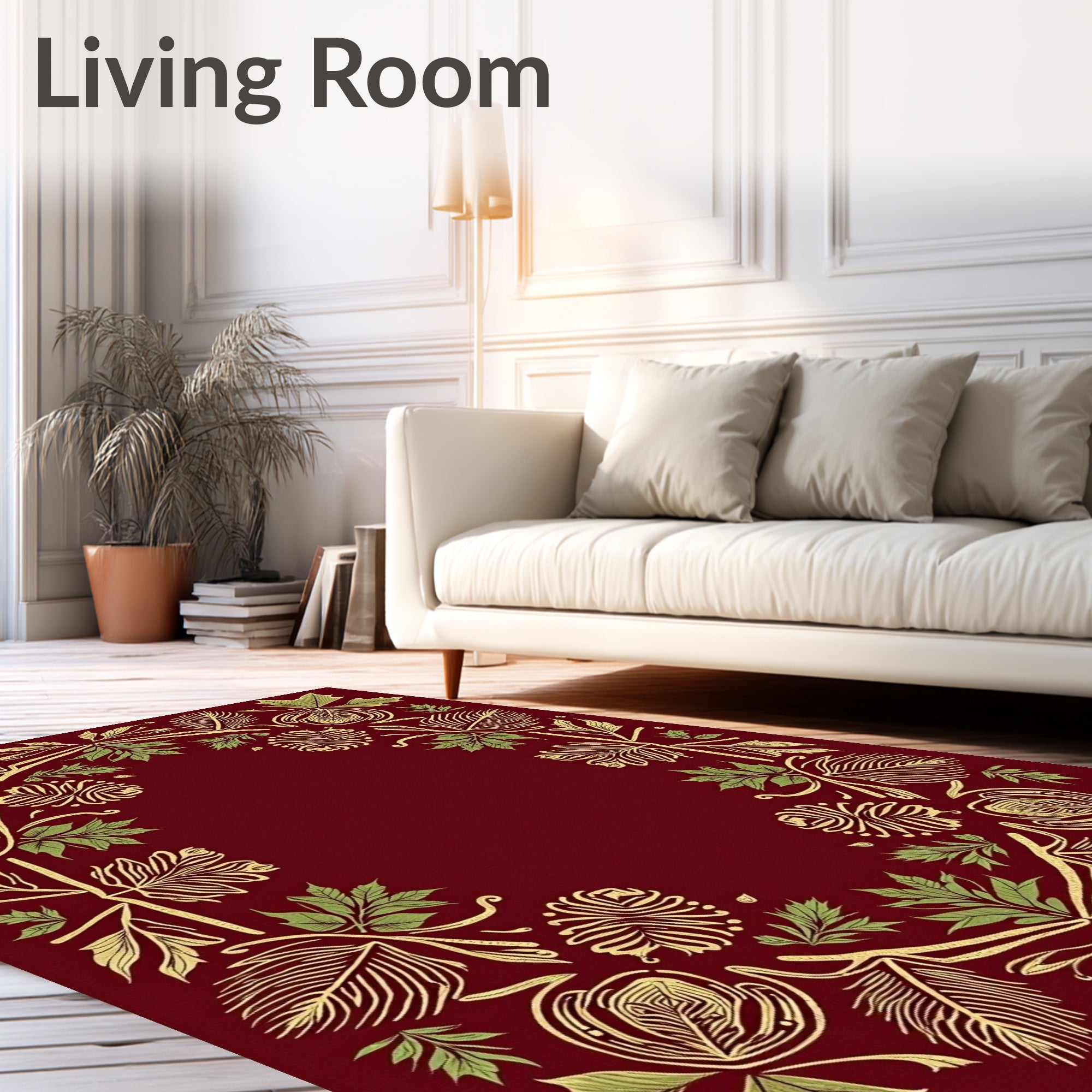 Deep Red Botanical Scroll Frame Rug
